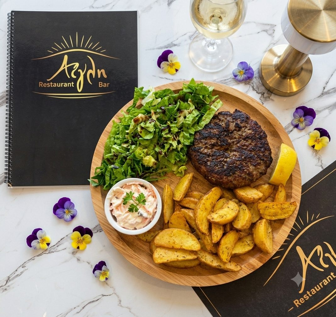 A grilled beef patty with country potatoes and salad at Aigli